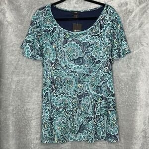 Leebe 2X Top Shirt Blue Yellow Paisley Scoop Neck Cap Short Sleeve Casual Womens